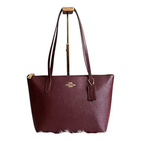 COACH FIONA ZIP TOP TOTE BAG PURSE IN CROSSGRAIN LEATHER DARK WINE & GOLD NEW! - Picture 8 of 16